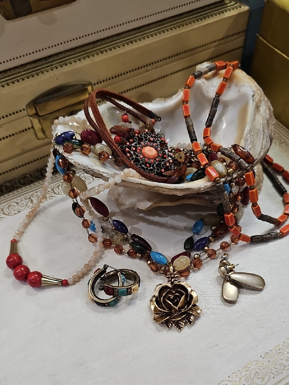 Boho Multi-Color Beaded Necklace with Gold Rose Pendant